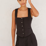 Vest With Front Buttons - Black, Women's Tops Collection