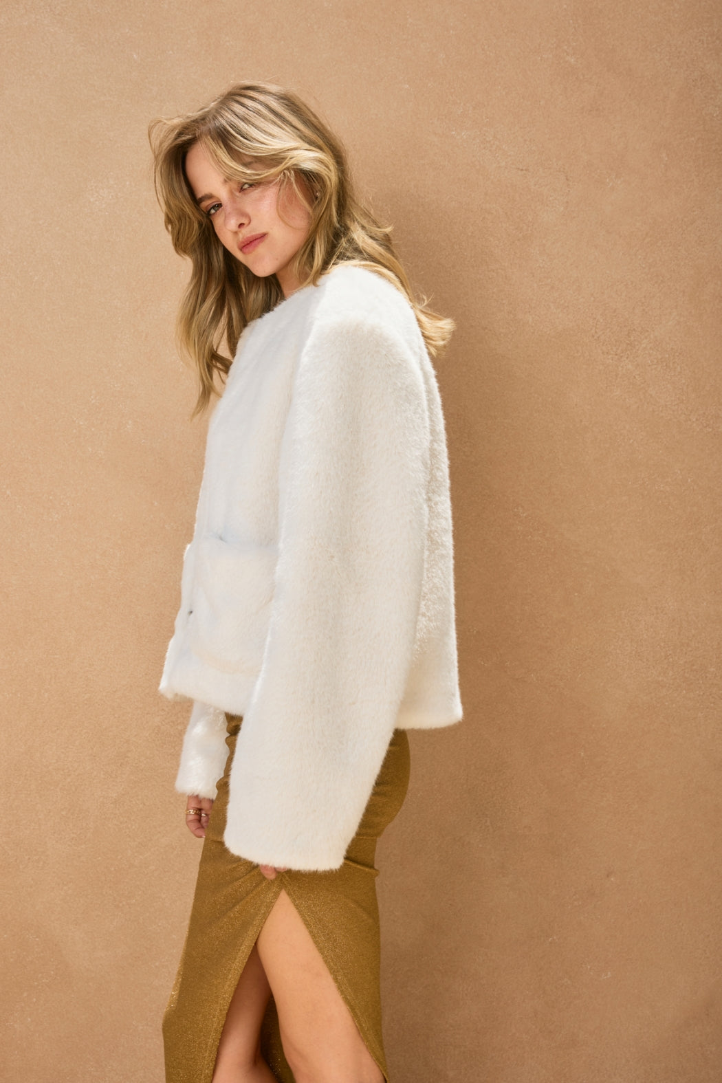Front Pocket Furry Jacket - cream, womens jacket collection
