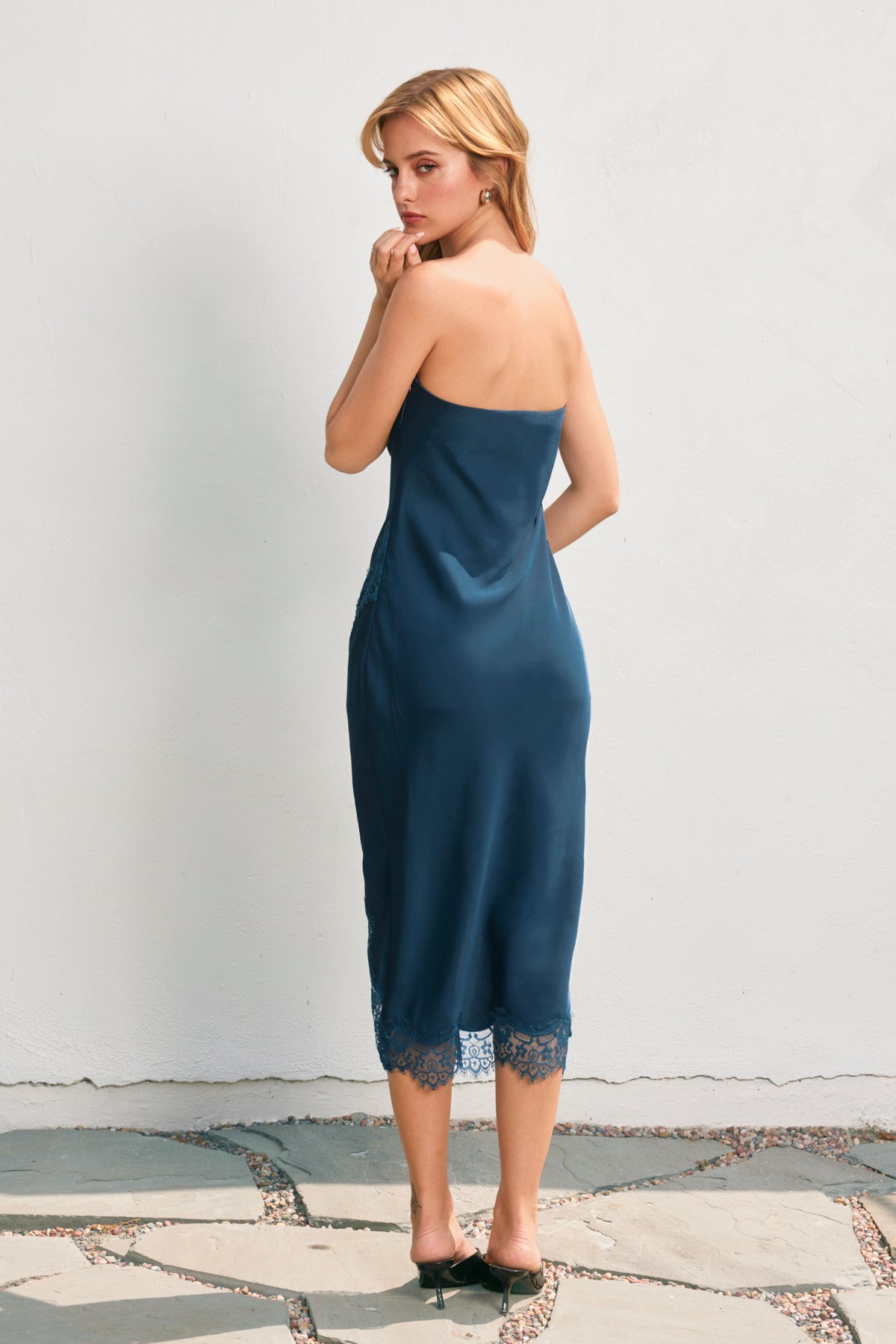 Strapless Satin Lace Trim Dress - emerald, womens dress collection