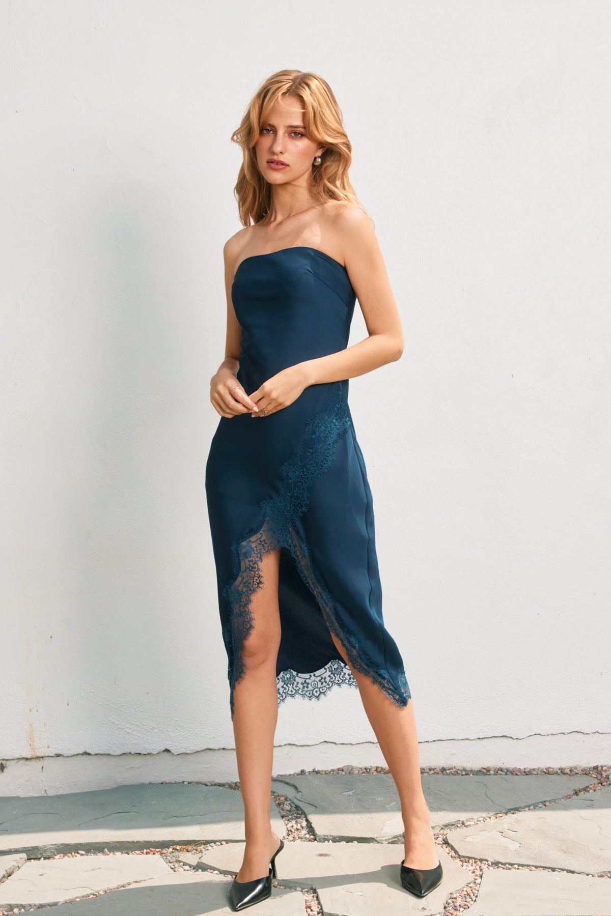 Strapless Satin Lace Trim Dress - emerald, womens dress collection