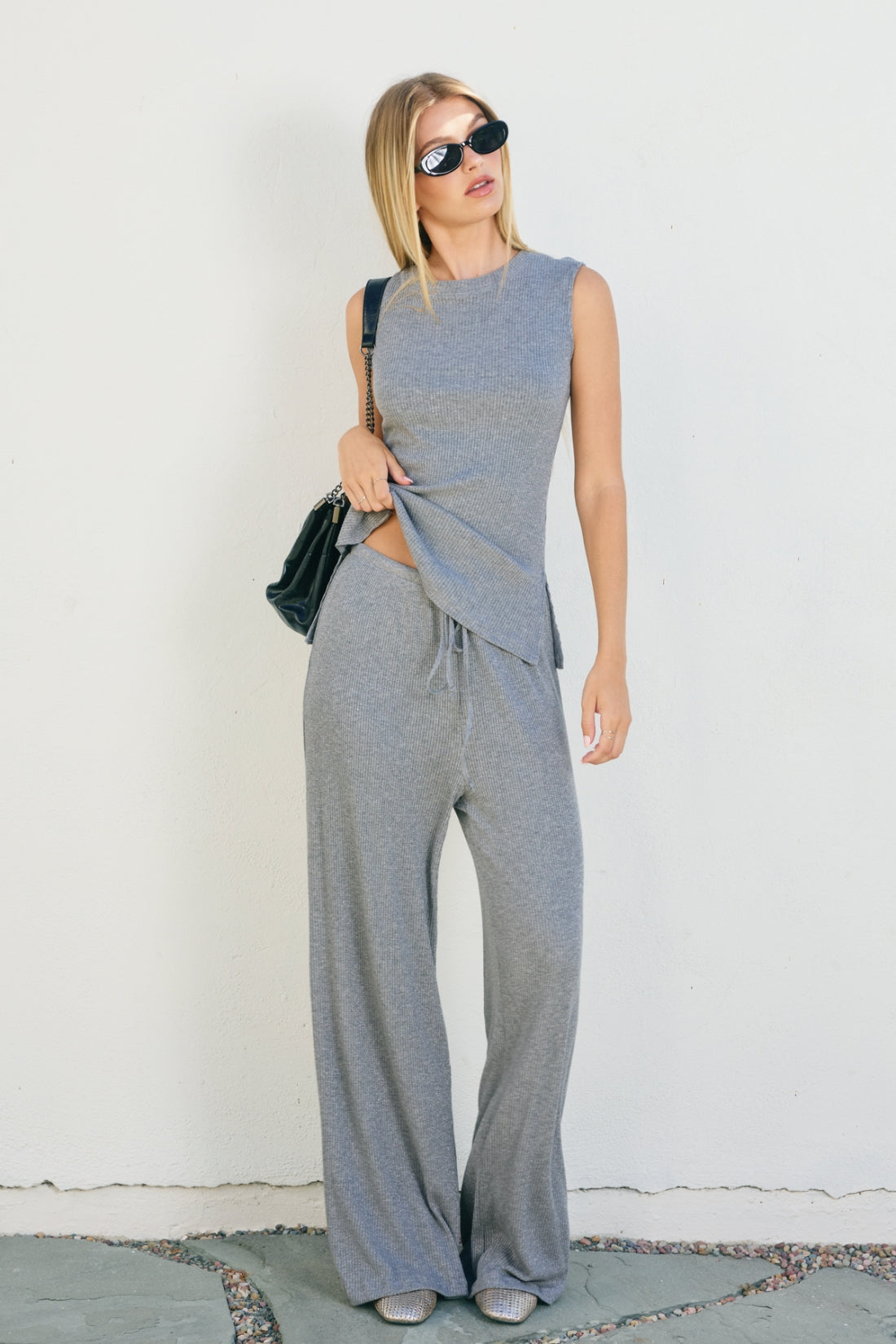 Ribbed Wide Leg Pant With Sparkle Detail - grey, womens pants/matching set collection