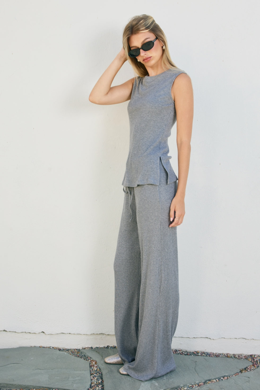 Ribbed Wide Leg Pant With Sparkle Detail - grey, womens pants/matching set collection