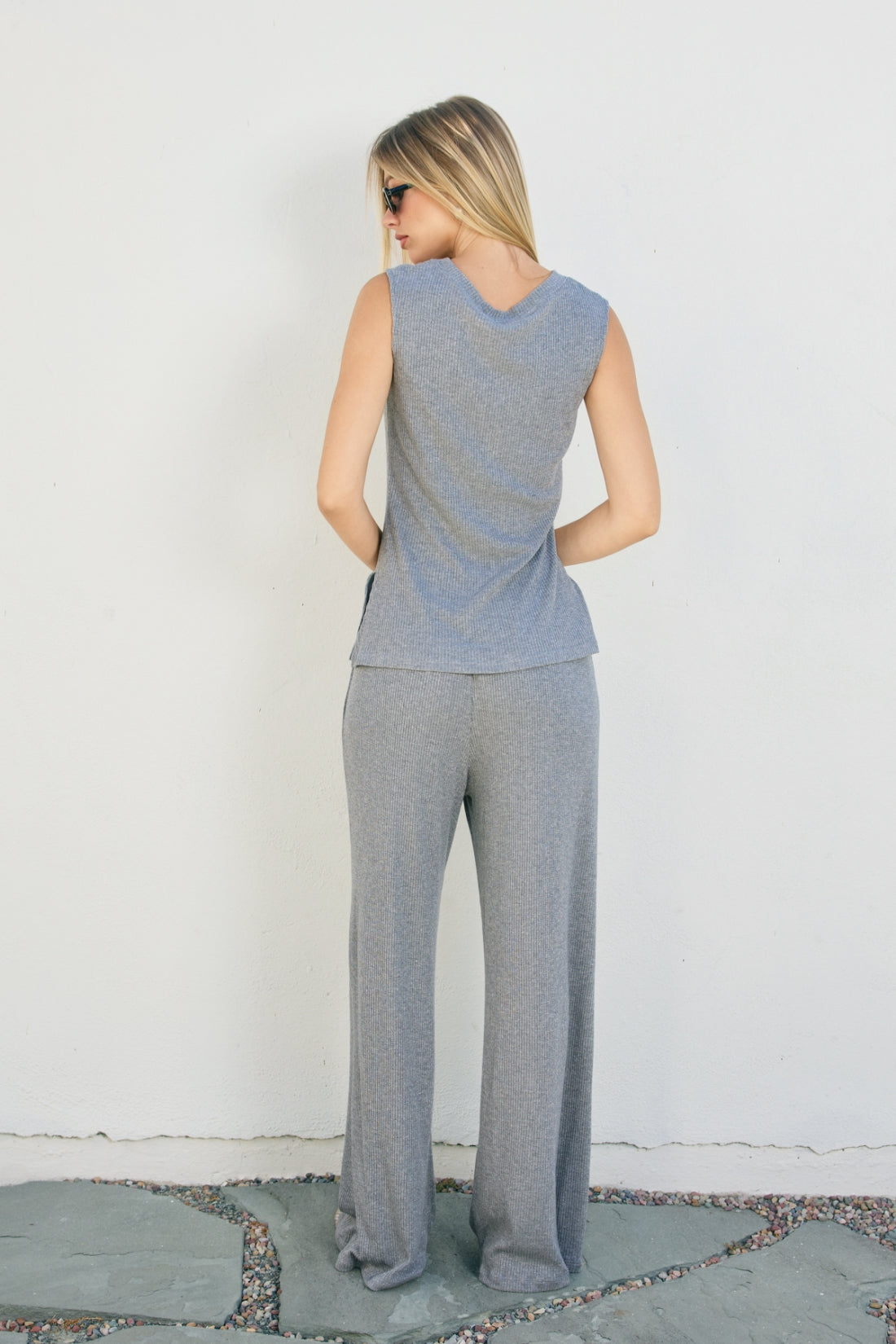 Ribbed Wide Leg Pant With Sparkle Detail - grey, womens pants/matching set collection