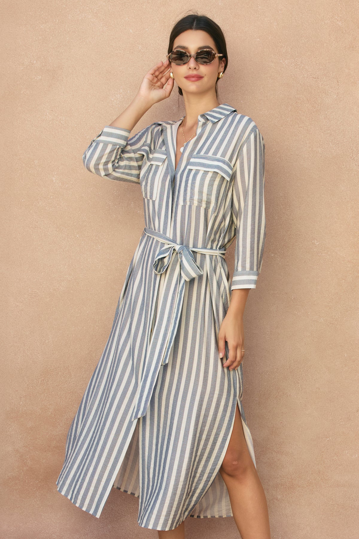 Quarter Sleeve Tie Front Maxi Shirt Dress Chambray / L Quarter Sleeve Tie Front Maxi Shirt Dress Chambray / L