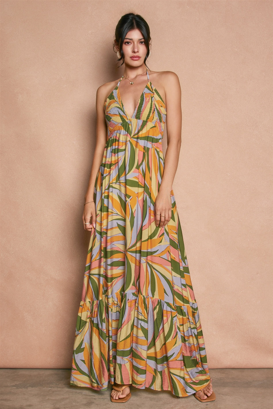 Multi Color Smock Halter Maxi Dress Barbados Palm / L Multi Color Smock Halter Maxi Dress Barbados Palm / L