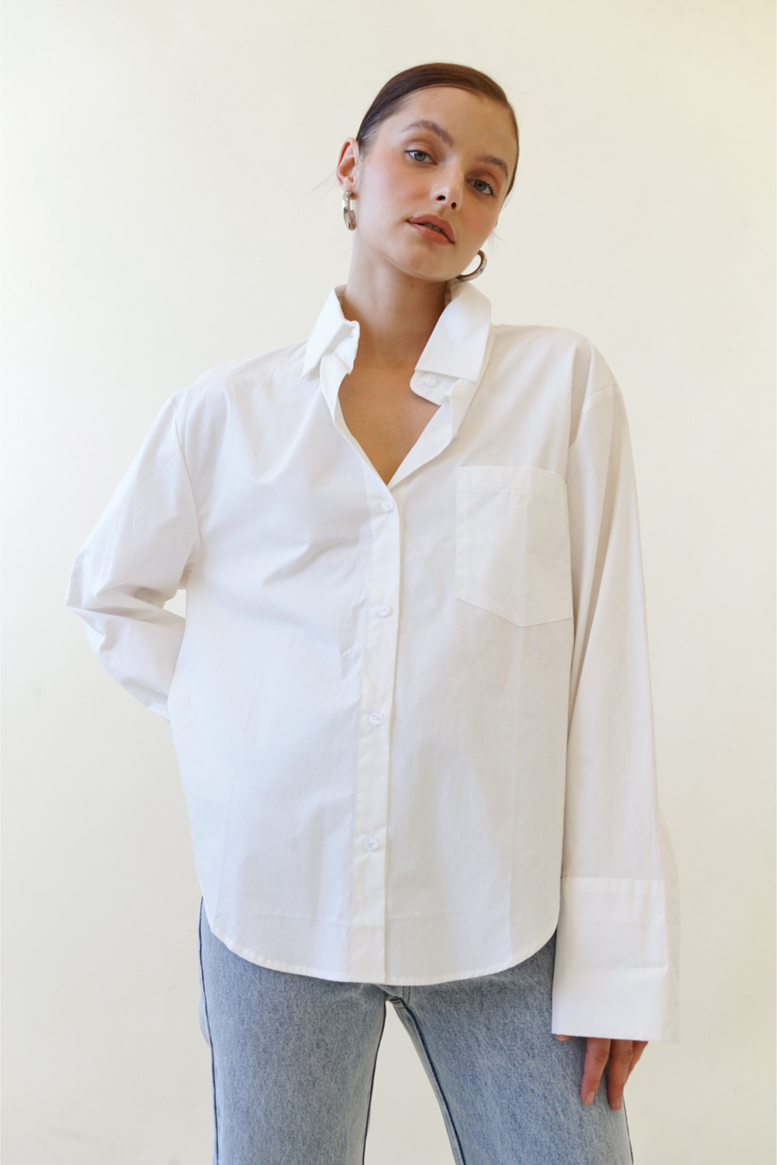Long Sleeve Button Up Shirt - Off White, Women's Tops Collection