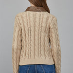 Faux Leather Trim Cable Knit Top - taupe with brown collar, womens top collection