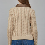Faux Leather Trim Cable Knit Top - taupe with brown collar, womens top collection