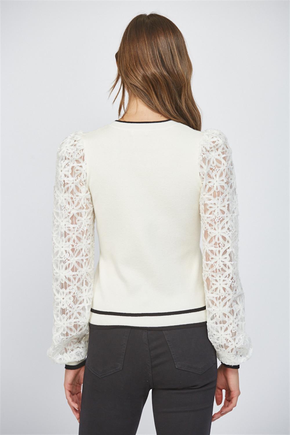 Lace Sleeve Button Cardigan - Ivory, Women's Tops Collection