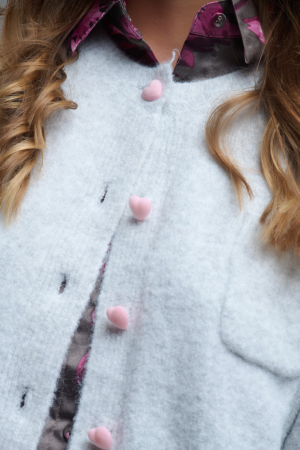 Knit Cardigan With Buttons - grey with pink heart buttons, womens cardigan collection