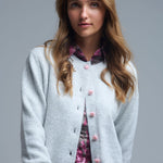 Knit Cardigan With Buttons - grey with pink heart buttons, womens cardigan collection