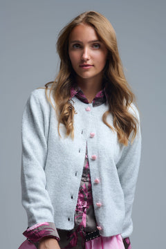 Knit Cardigan With Buttons - grey with pink heart buttons, womens cardigan collection