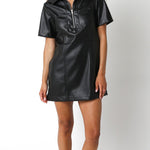Vegan Leather Collared Mini Dress - black, womens dress collection