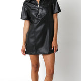 Vegan Leather Collared Mini Dress - black, womens dress collection