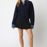 Sweater With Denim Collar And Button Detail - navy, womens sweater collection
