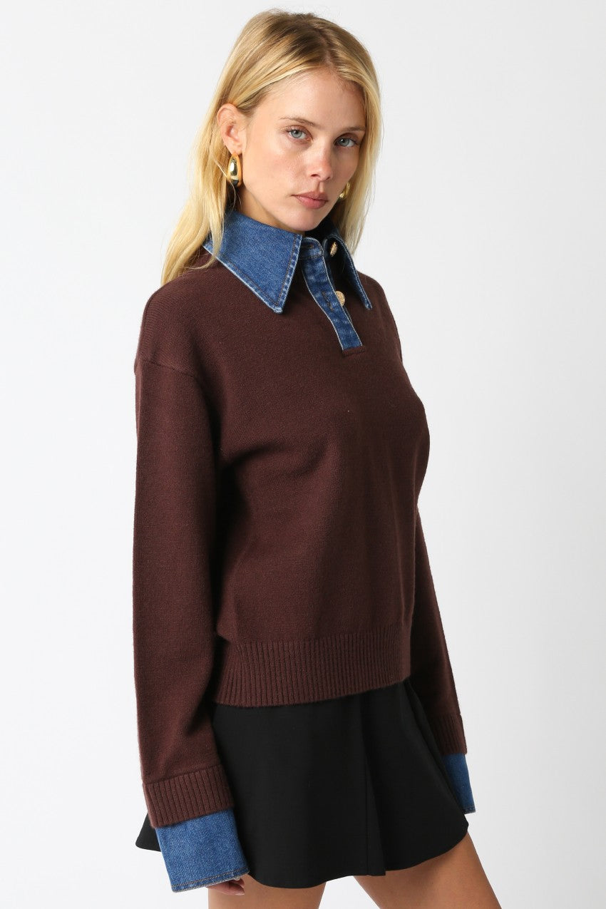 Sweater With Denim Collar And Button Detail - brown, womens sweater collection