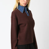 Sweater With Denim Collar And Button Detail - brown, womens sweater collection