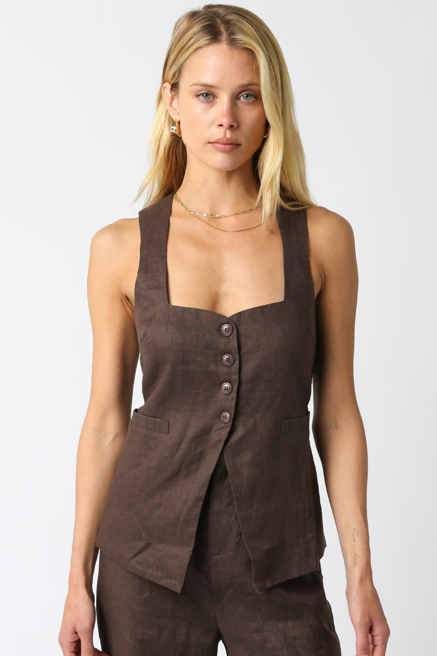 Button Down Vest Top - Brown, Women's Tops Collection