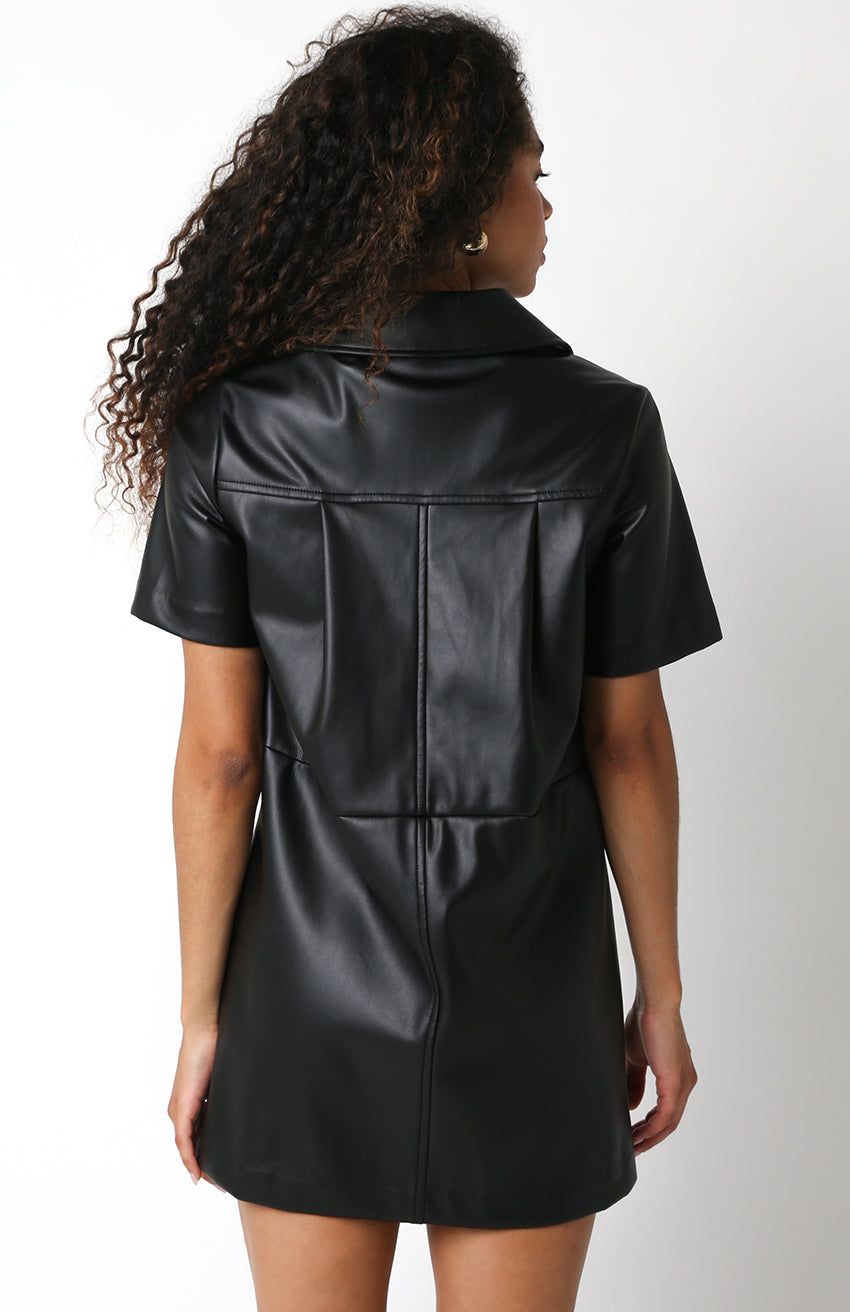 Vegan Leather Collared Mini Dress - black, womens dress collection