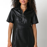 Vegan Leather Collared Mini Dress - black, womens dress collection