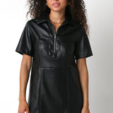 Vegan Leather Collared Mini Dress - black, womens dress collection