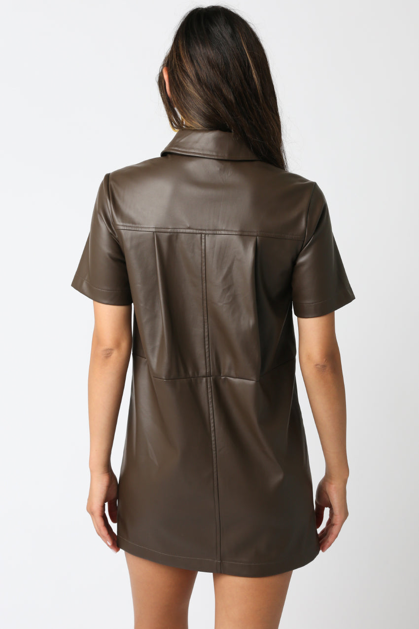 Vegan Leather Collared Mini Dress - brown, womens dress collection