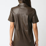 Vegan Leather Collared Mini Dress - brown, womens dress collection