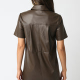 Vegan Leather Collared Mini Dress - brown, womens dress collection