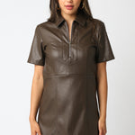 Vegan Leather Collared Mini Dress - brown, womens dress collection