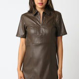 Vegan Leather Collared Mini Dress - brown, womens dress collection