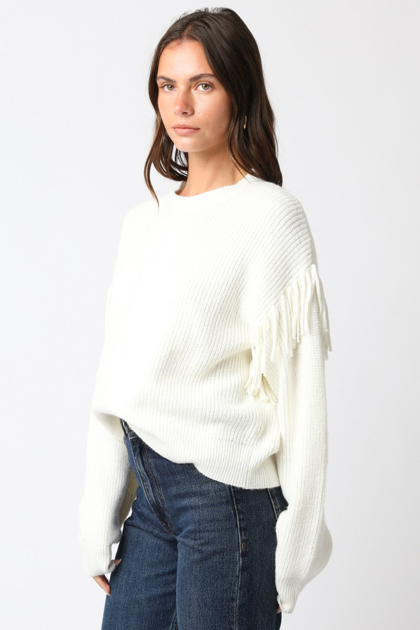 Sweater With Fringe Sleeve Detail - cream, womens sweater collection