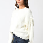 Sweater With Fringe Sleeve Detail - cream, womens sweater collection
