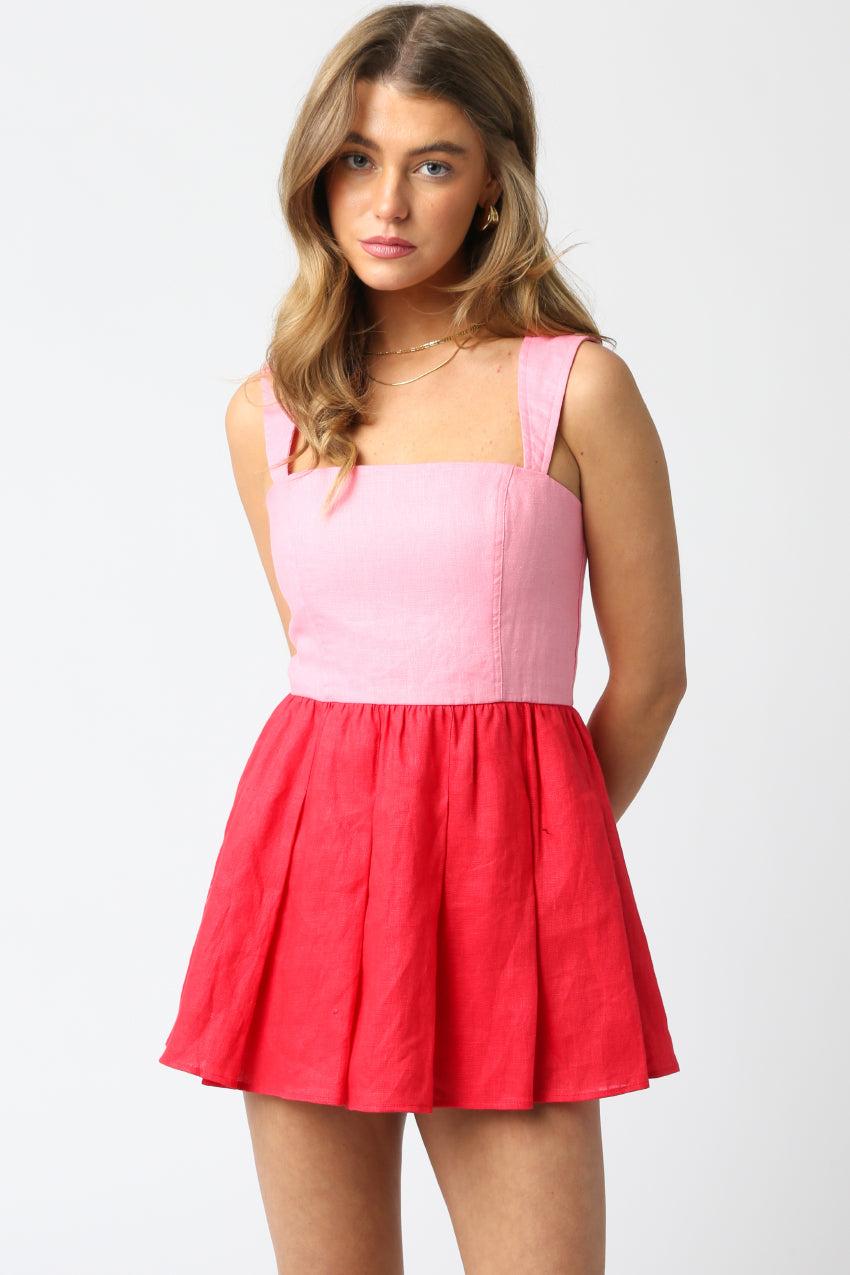 Color Block Romper - pink on top, red on bottom, women's romper collection