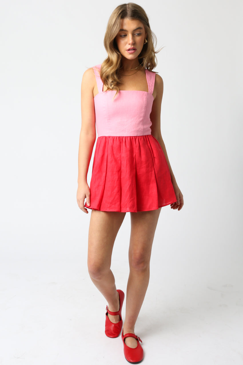 Color Block Romper - pink on top, red on bottom, women's romper collection