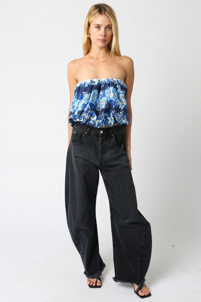 Strapless Floral Top - White/Blue, Women's Tops Collection