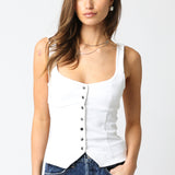 Button Scoop Neck Top - White, Women's Tops Collection