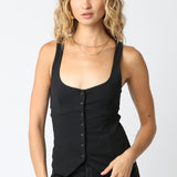 Button Scoop Neck Top - Black, Women's Tops Collection