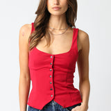 Button Scoop Neck Top - Red, Women's Tops Collection