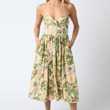 Midi Dress With Cups and Buttons - Green Multi, Women's Dresses Collection