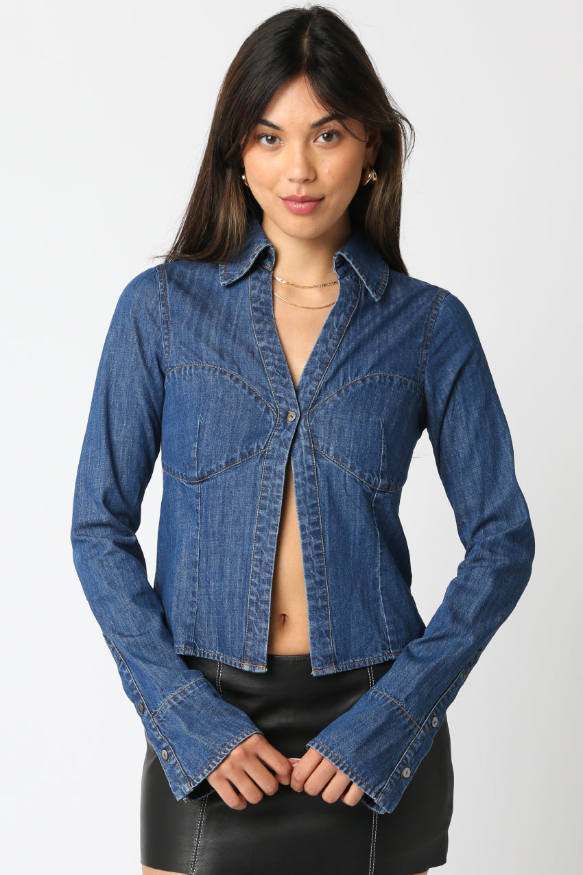 Collared Button Down Top - Denim, Women's Tops Collection