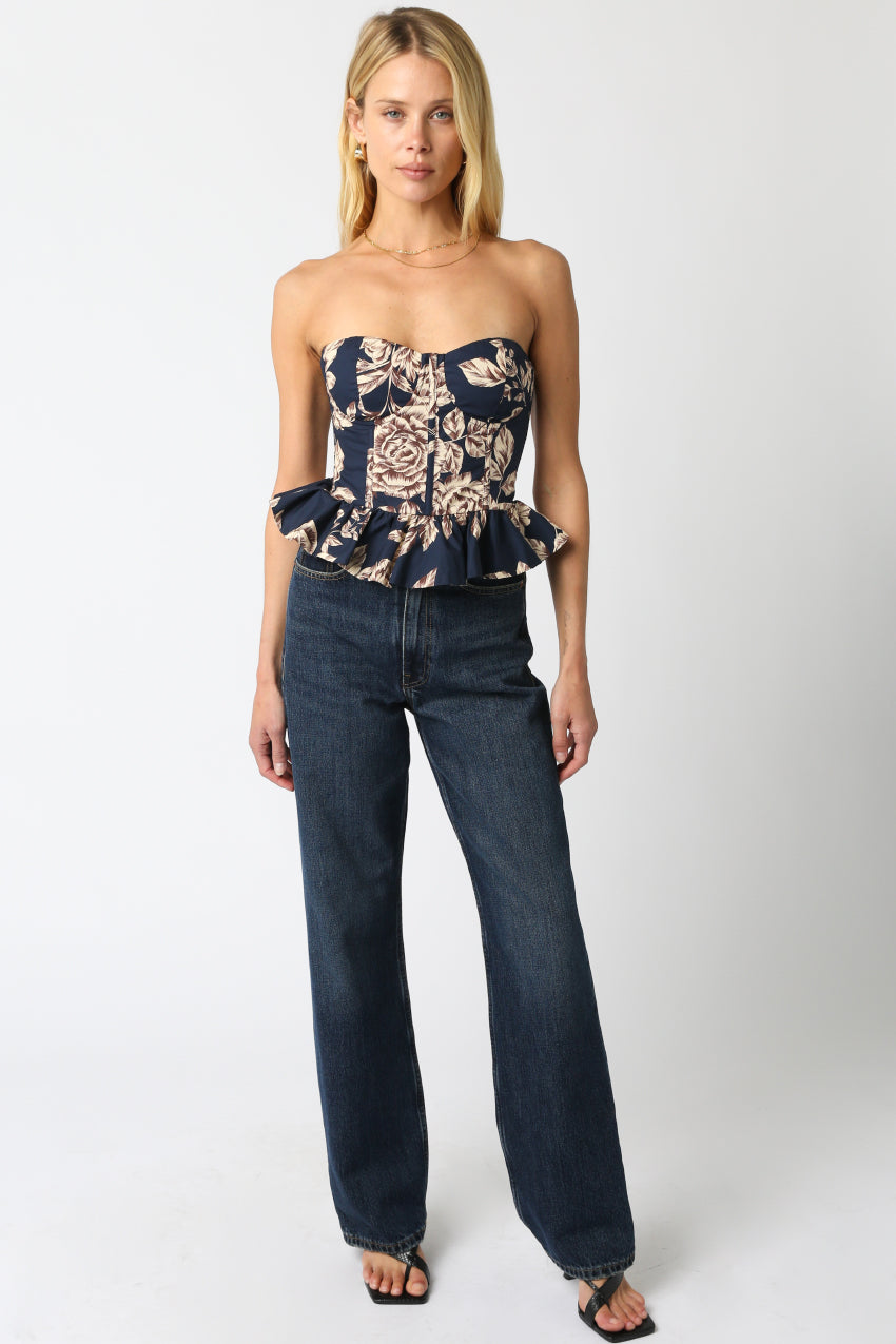 Strapless Floral Corset - navy blue with cream/brown flowers, womens top collection