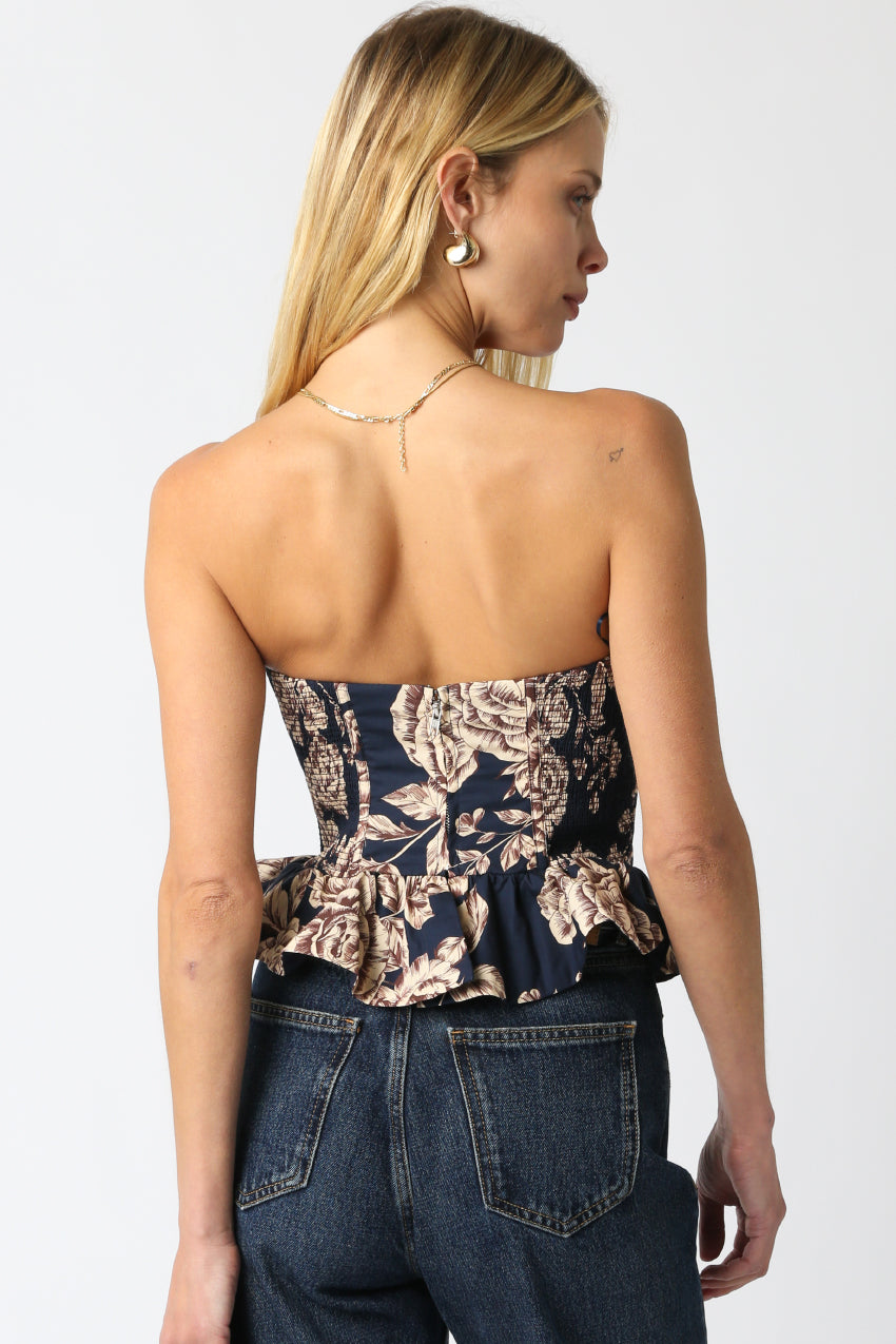 Strapless Floral Corset - navy blue with cream/brown flowers, womens top collection