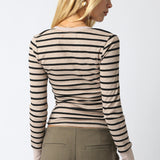 Long Sleeve Striped Button Top - Taupe/Black, Women's Tops Collection