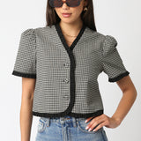 Gingham Puff Sleeve Top - Black/Taupe, Women's Tops Collection