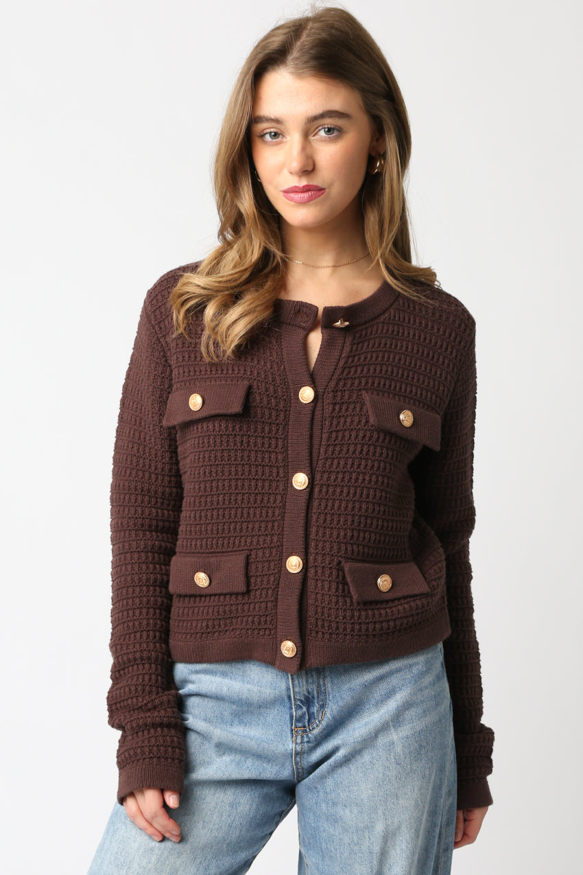 Gold Button 4 Pocket Cardigan - Brown, Women's Tops Collection