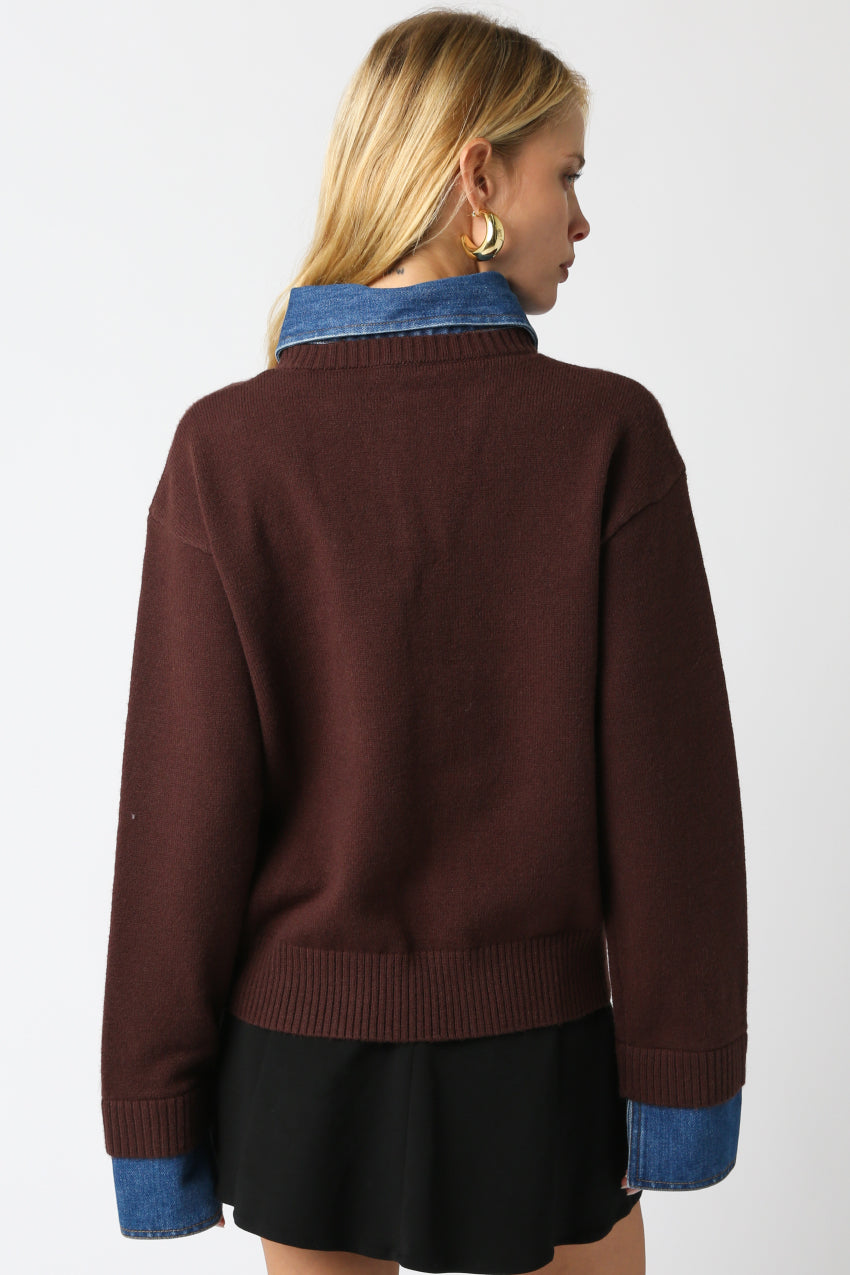 Sweater With Denim Collar And Button Detail - brown, womens sweater collection