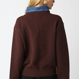 Sweater With Denim Collar And Button Detail - brown, womens sweater collection