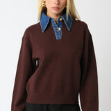 Sweater With Denim Collar And Button Detail - brown, womens sweater collection