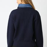Sweater With Denim Collar And Button Detail - navy, womens sweater collection