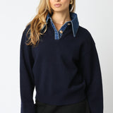 Sweater With Denim Collar And Button Detail - navy, womens sweater collection